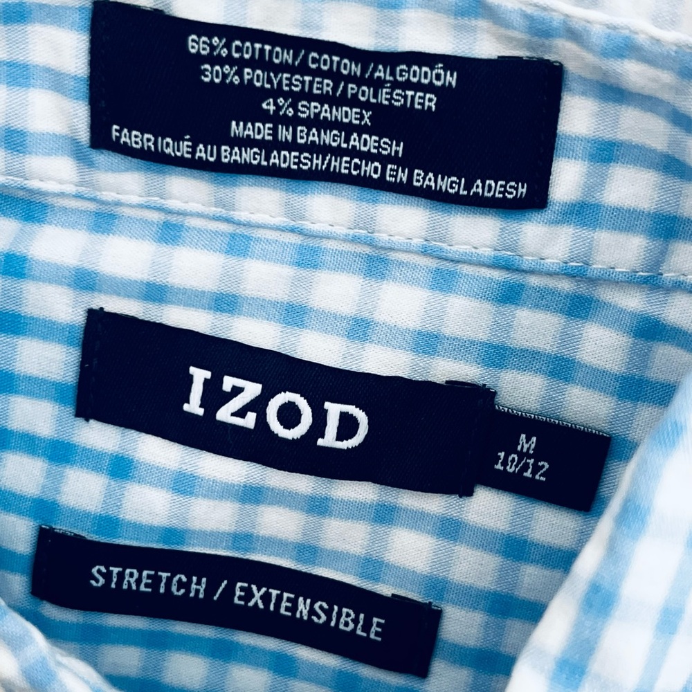 IZOD Classic Blue Gingham Button Down Shirt Boys Medium 10/12 Stretch Cotton - Picture 4 of 4
